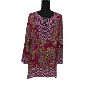 New Directions Boho V-Neck Retro Pattern Tunic L